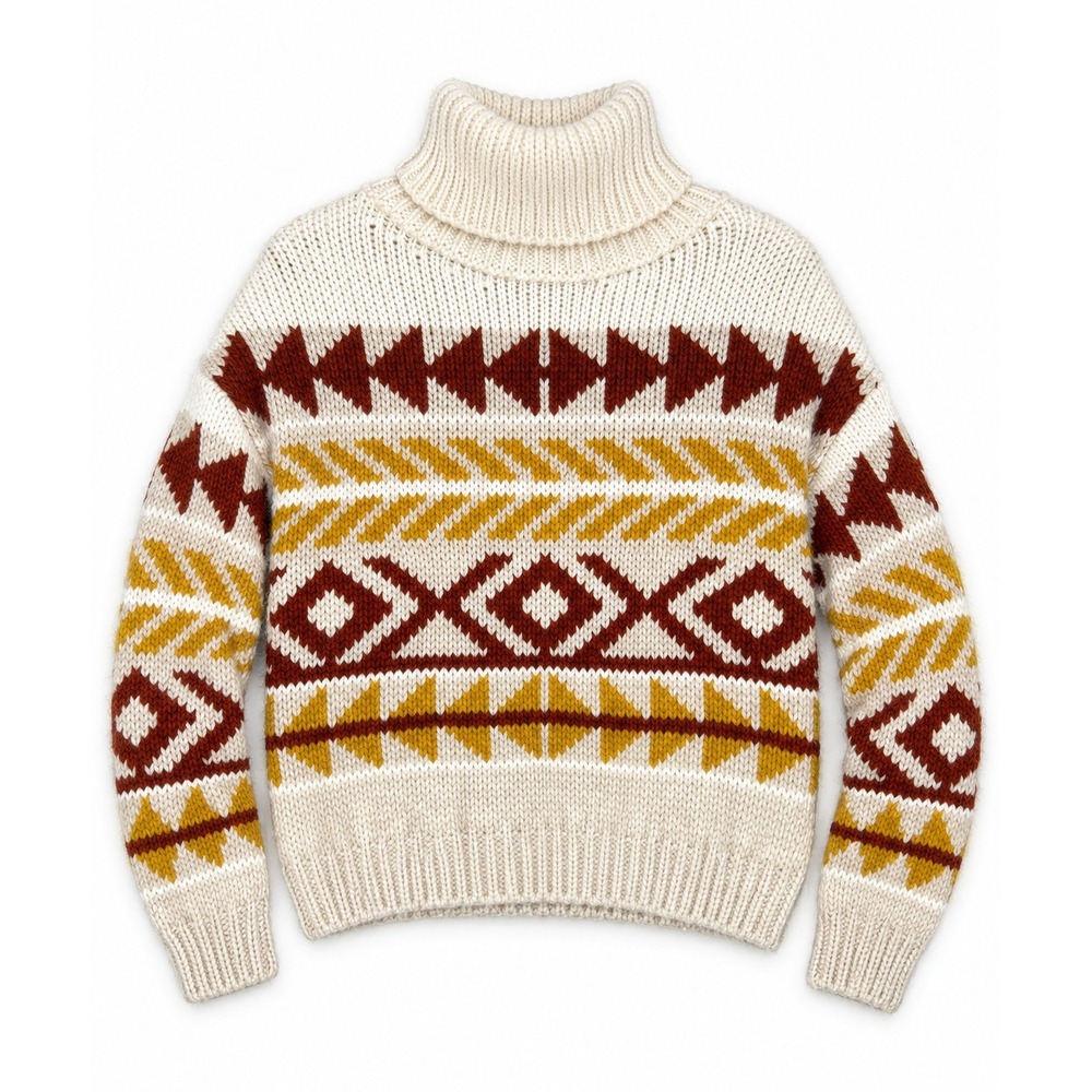 Elsamanda Alpaca Wool Turtleneck Sweater Cream Geometric Fair Isle Boho Small